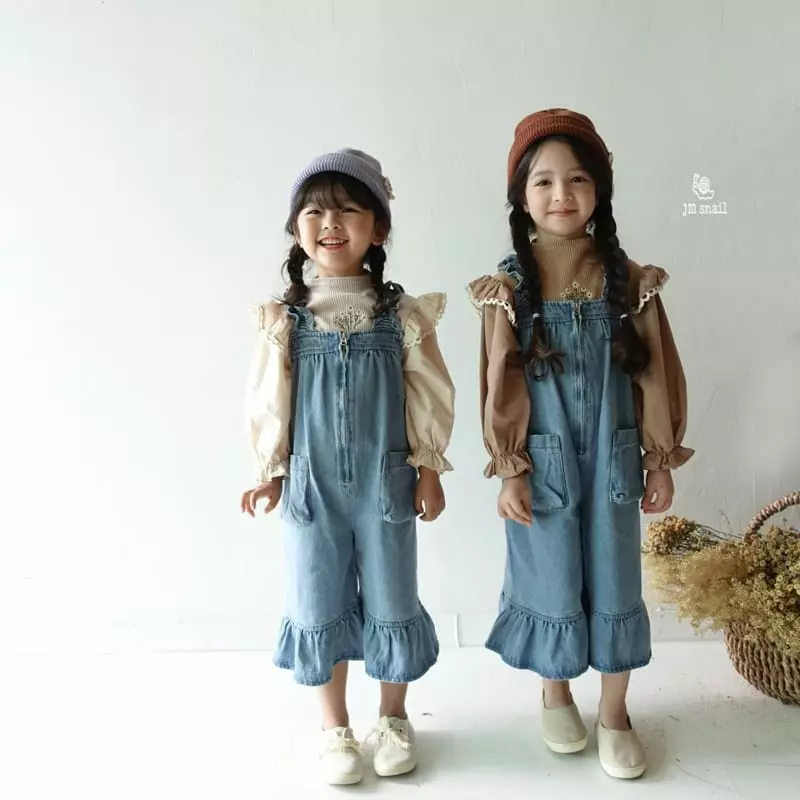 JM Snail - Korean Children Fashion - #kidsstore - Frill Denim Dungarees Pants - 9