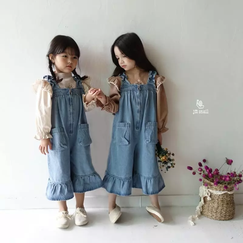 JM Snail - Korean Children Fashion - #kidzfashiontrend - Frill Denim Dungarees Pants - 10