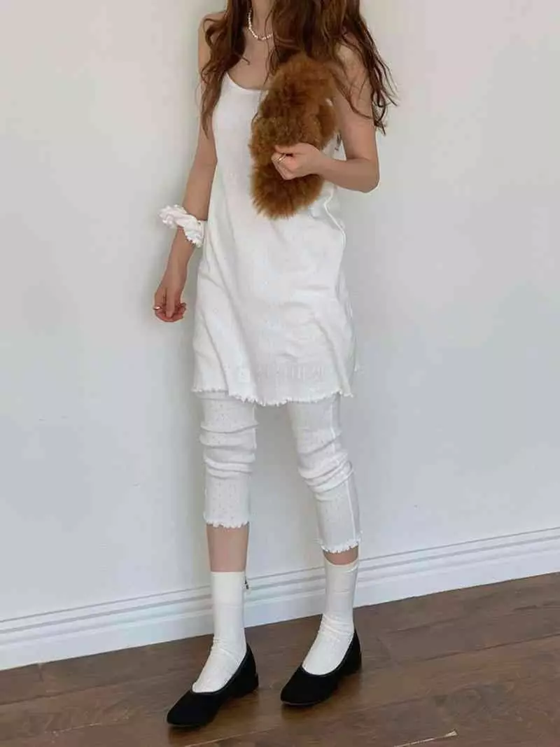 Jkichi - Korean Women Fashion - #restrostyle - Eyelet Sleeveless Leggings Hairing Set - 10