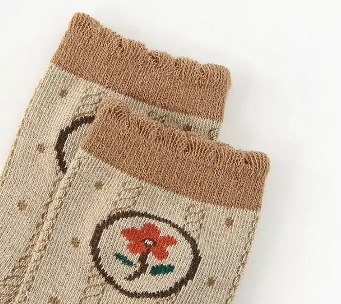 Miso - Korean Children Fashion - #littlefashionista - Brown Flower Socks Set - 3