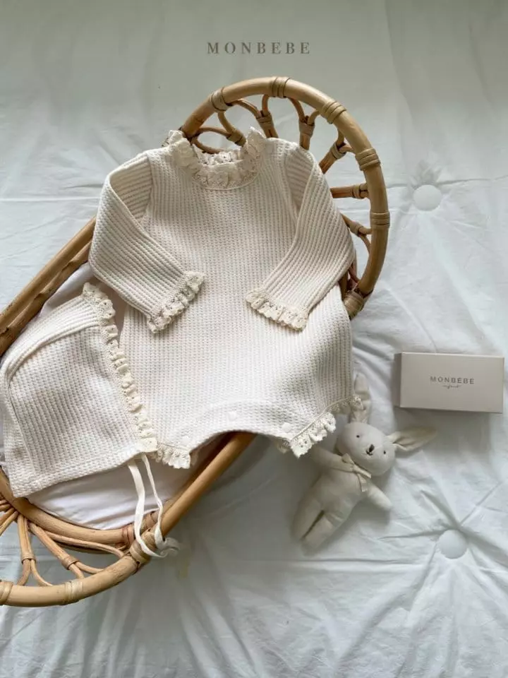Monbebe - Korean Baby Fashion - #babyoutfit - Waffle Bodyusit with Bonnet - 2
