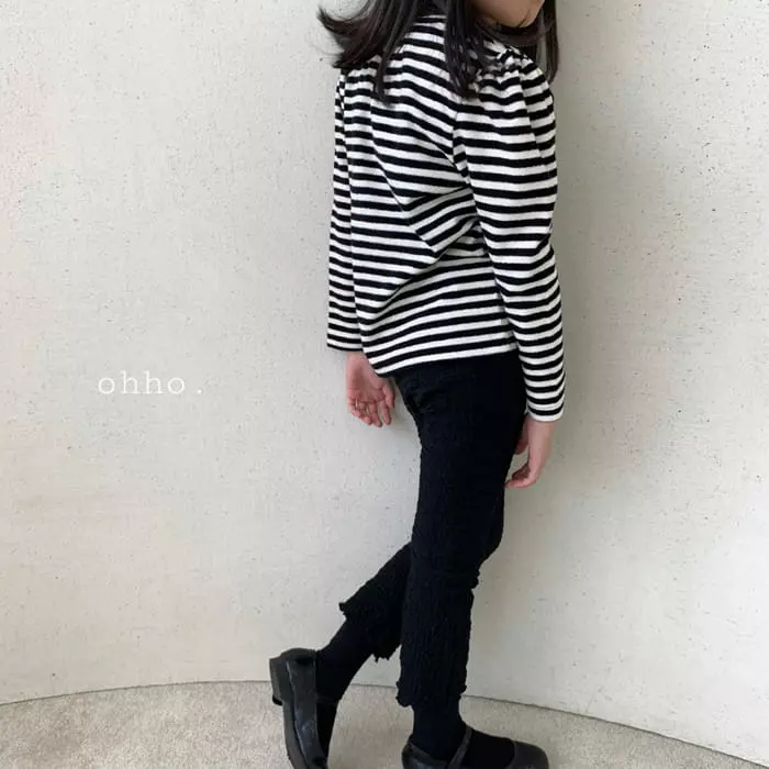 Ohho - Korean Children Fashion - #kidzfashiontrend - Terry Stripes Puff Tee - 2
