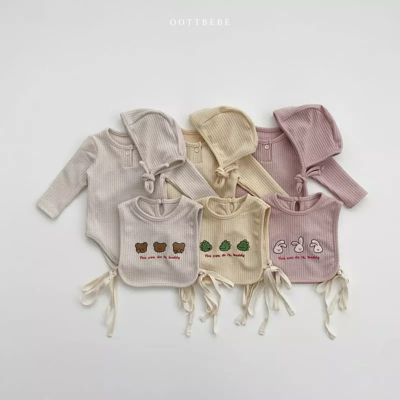 Oott Bebe - Korean Baby Fashion - #babyoninstagram - Any Waffle Bonnet Bodysuit Bib Set - 8