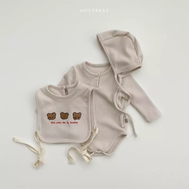 Oott Bebe - Korean Baby Fashion - #babyootd - Any Waffle Bonnet Bodysuit Bib Set - 9
