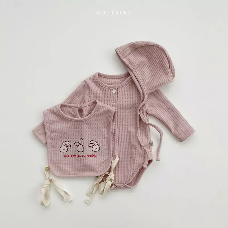 Oott Bebe - Korean Baby Fashion - #babyoutfit - Any Waffle Bonnet Bodysuit Bib Set - 11