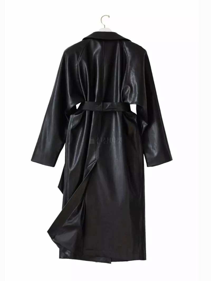 Paper Moon - Korean Women Fashion - #momslook - Padded Shoulder Leater Coat - 11