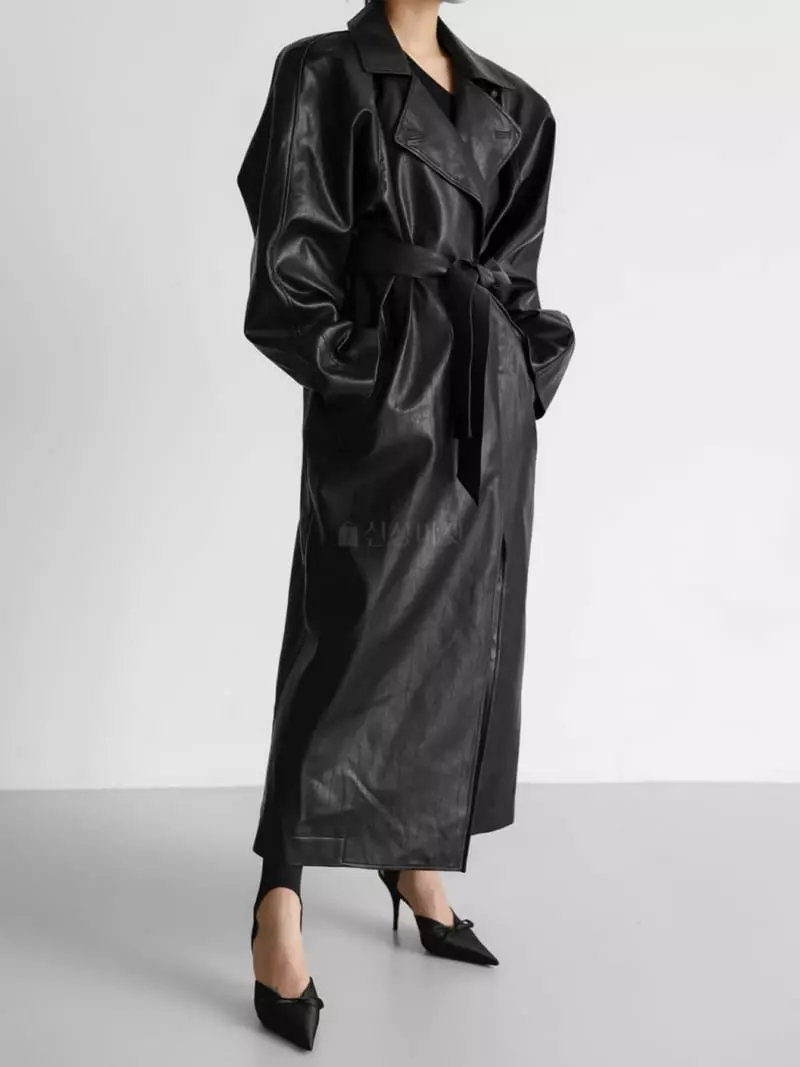 Paper Moon - Korean Women Fashion - #restrostyle - Padded Shoulder Leater Coat - 2