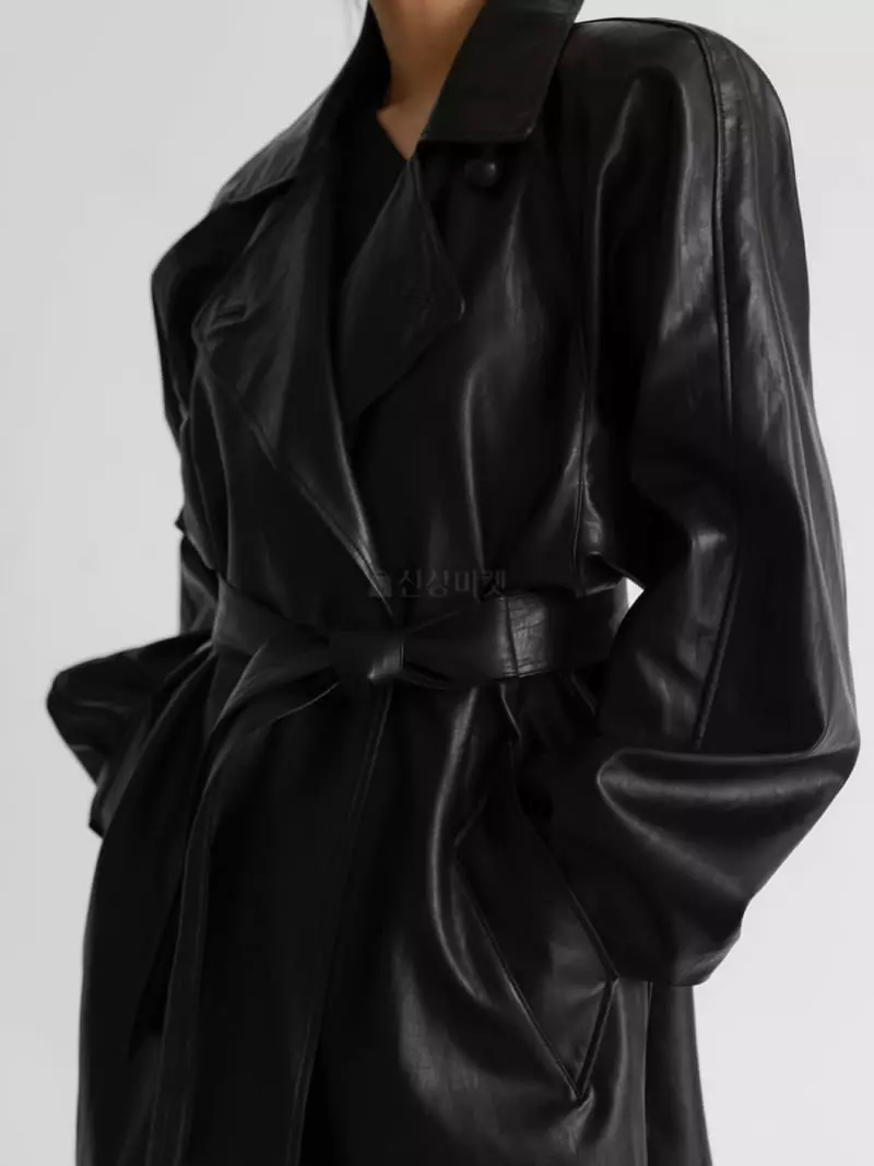 Paper Moon - Korean Women Fashion - #romanticstyle - Padded Shoulder Leater Coat - 3