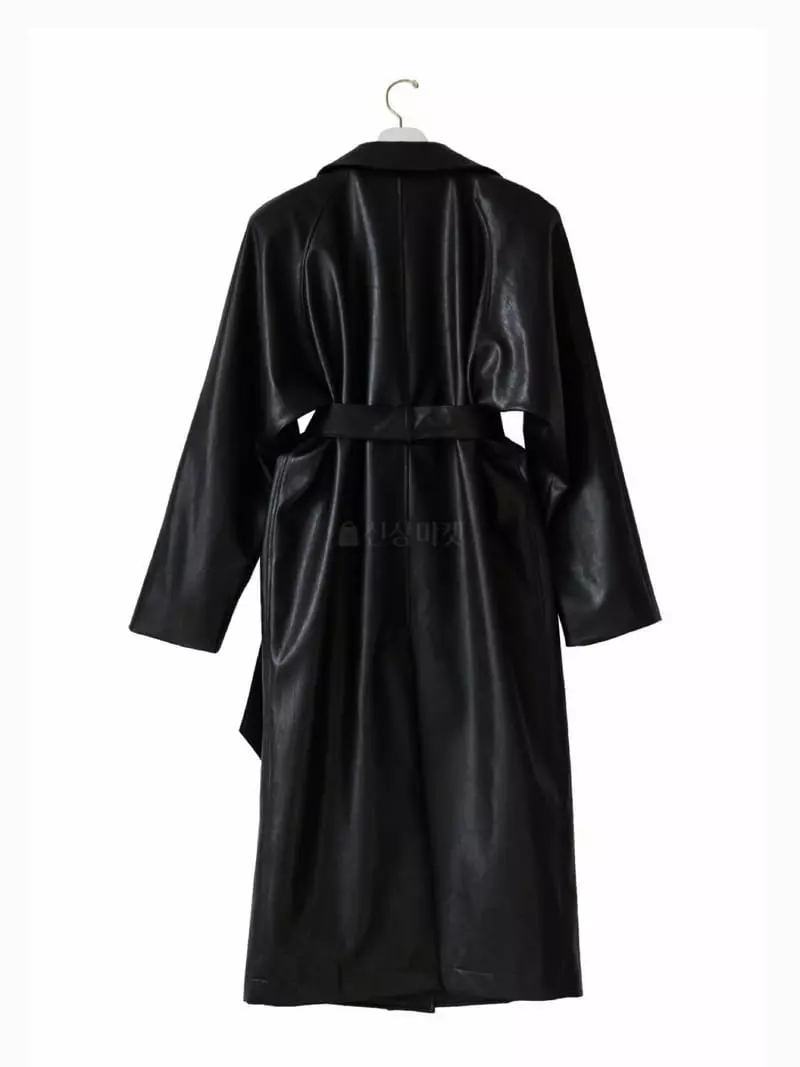 Paper Moon - Korean Women Fashion - #thatsdarling - Padded Shoulder Leater Coat - 5