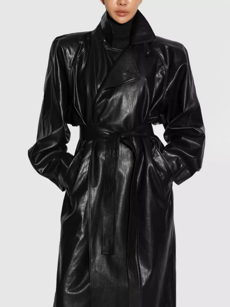 Paper Moon - Korean Women Fashion - #thelittlethings - Padded Shoulder Leater Coat - 6