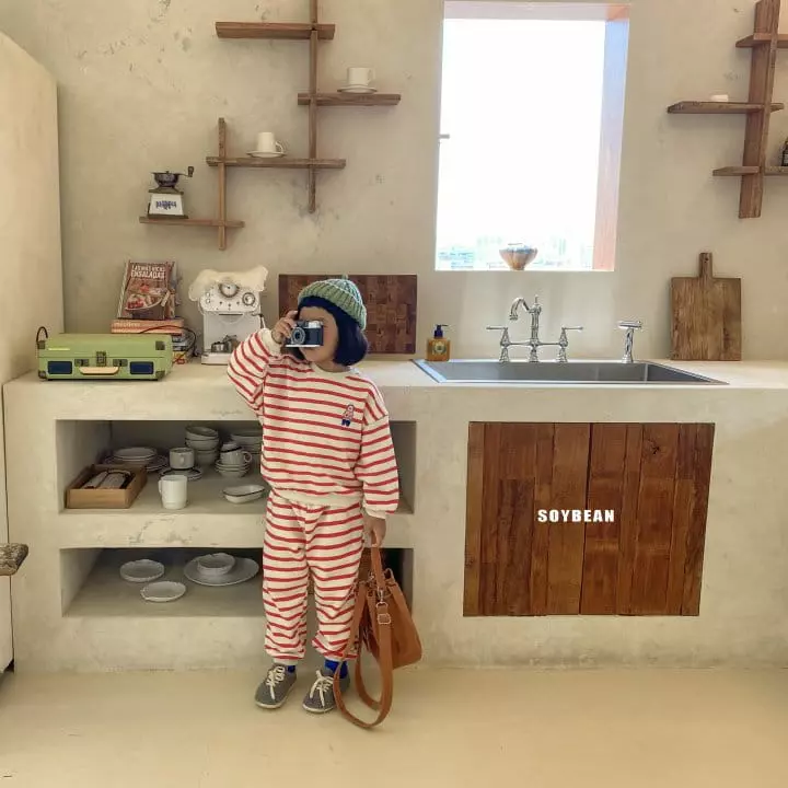Soybean - Korean Children Fashion - #fashionkids - Bear Stripes Top Bottom Set - 12