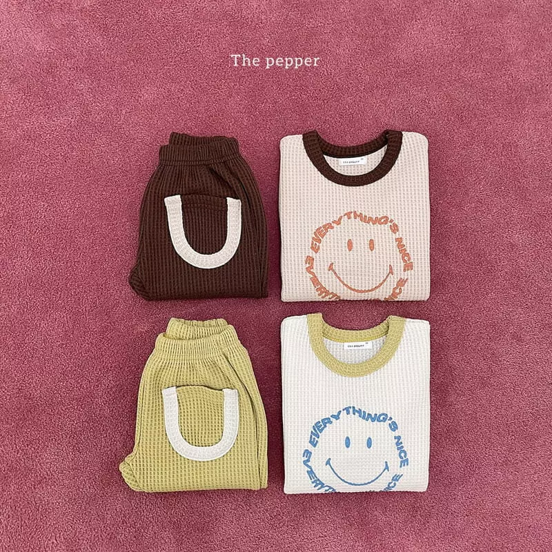 The Pepper - Korean Children Fashion - #childrensboutique - Smile Waffle Color Top Bottom Set - 5