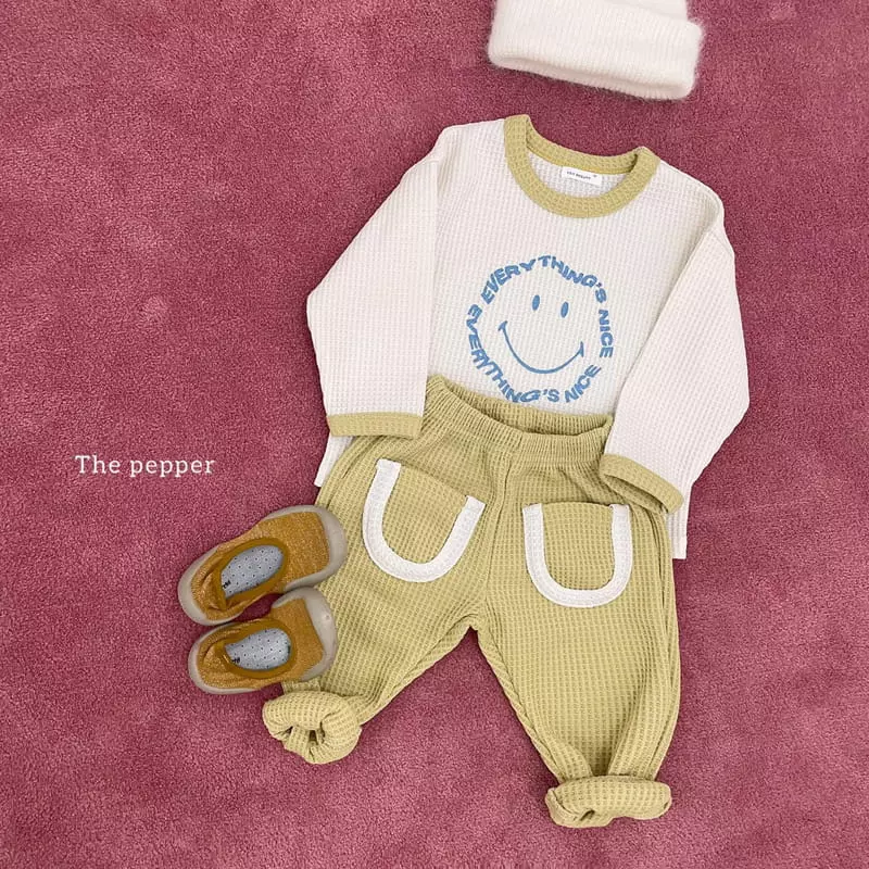 The Pepper - Korean Children Fashion - #fashionkids - Smile Waffle Color Top Bottom Set - 8