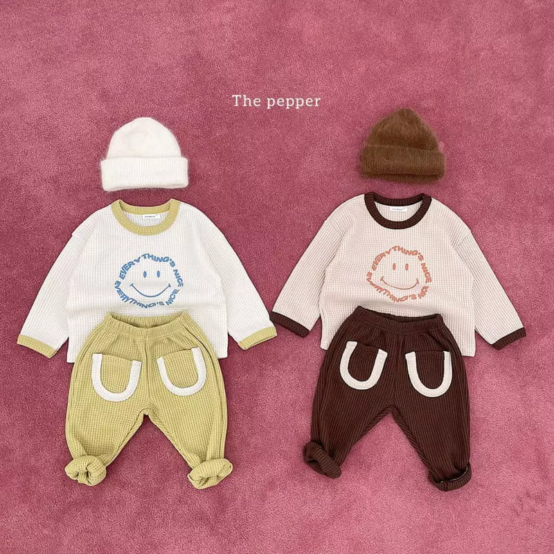 The Pepper - Korean Children Fashion - #minifashionista - Smile Waffle Color Top Bottom Set