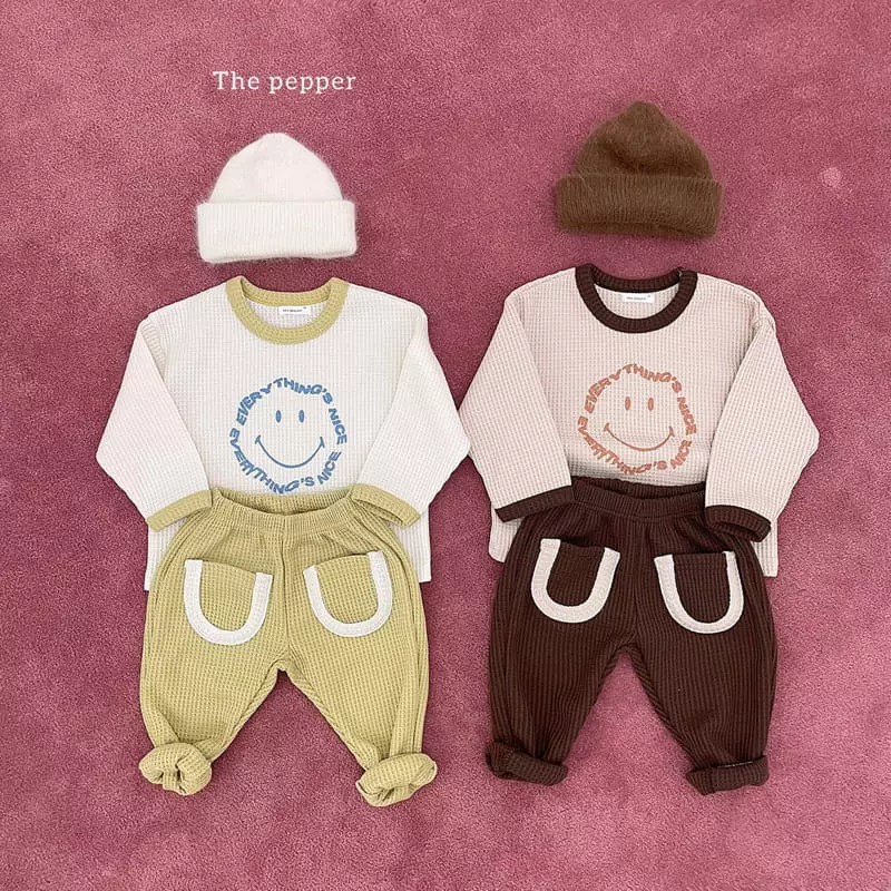 The Pepper - Korean Children Fashion - #prettylittlegirls - Smile Waffle Color Top Bottom Set - 2