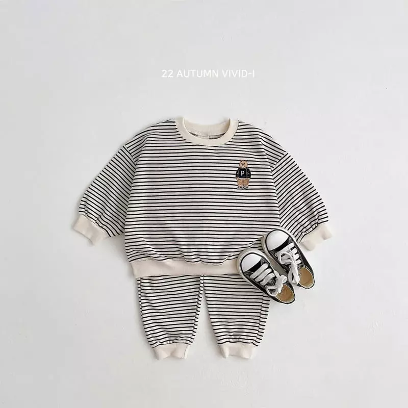 Vivid I - Korean Children Fashion - #childrensboutique - P Bear Stripers Top Bottom Set - 6