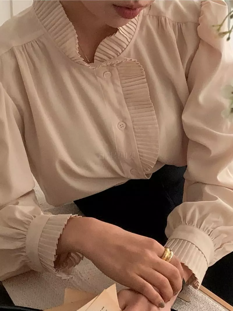 frill - Korean Women Fashion - #momslook - Wrinkle Collar Blouse - 2