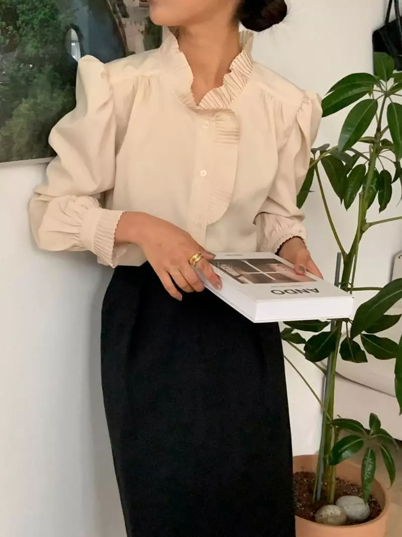 frill - Korean Women Fashion - #momslook - Wrinkle Collar Blouse - 6