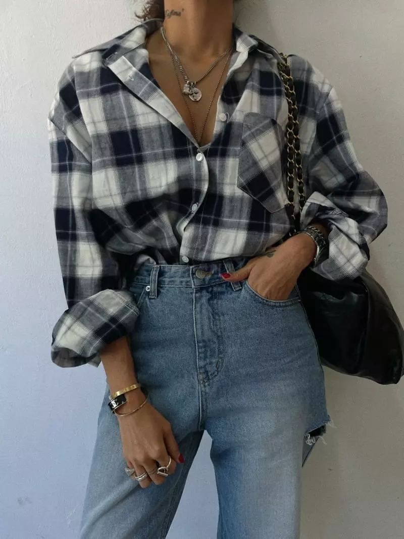 Abbeylee - Korean Women Fashion - #momslook - Check Boxy Shirt - 11