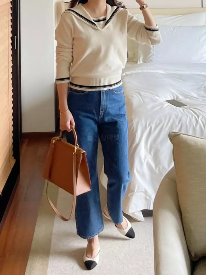 After Glow - Korean Women Fashion - #momslook - Cash Sailor Knit Tee - 3