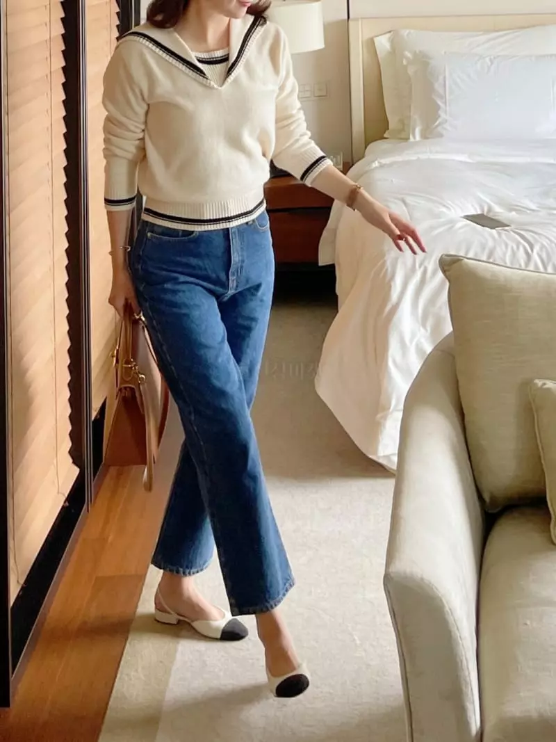 After Glow - Korean Women Fashion - #momslook - Cash Sailor Knit Tee - 5