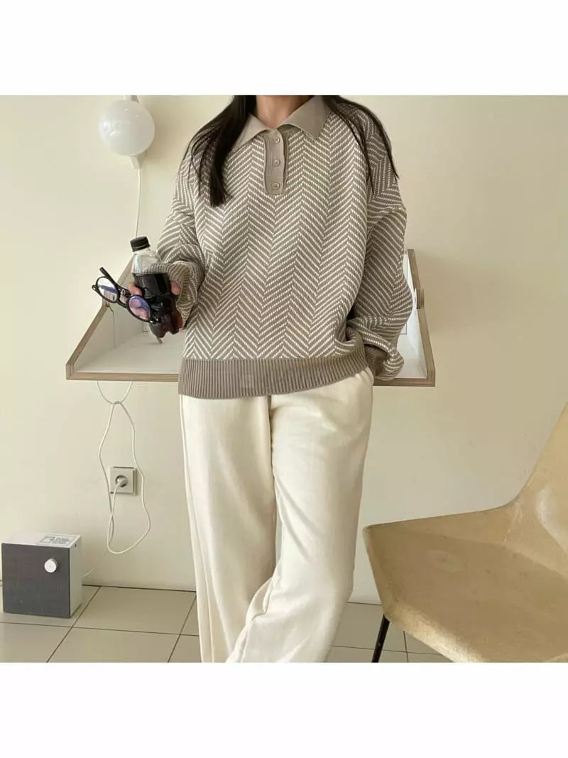 All Vibe - Korean Women Fashion - #momslook - Herringbone Colar Loose Knit Tee - 5