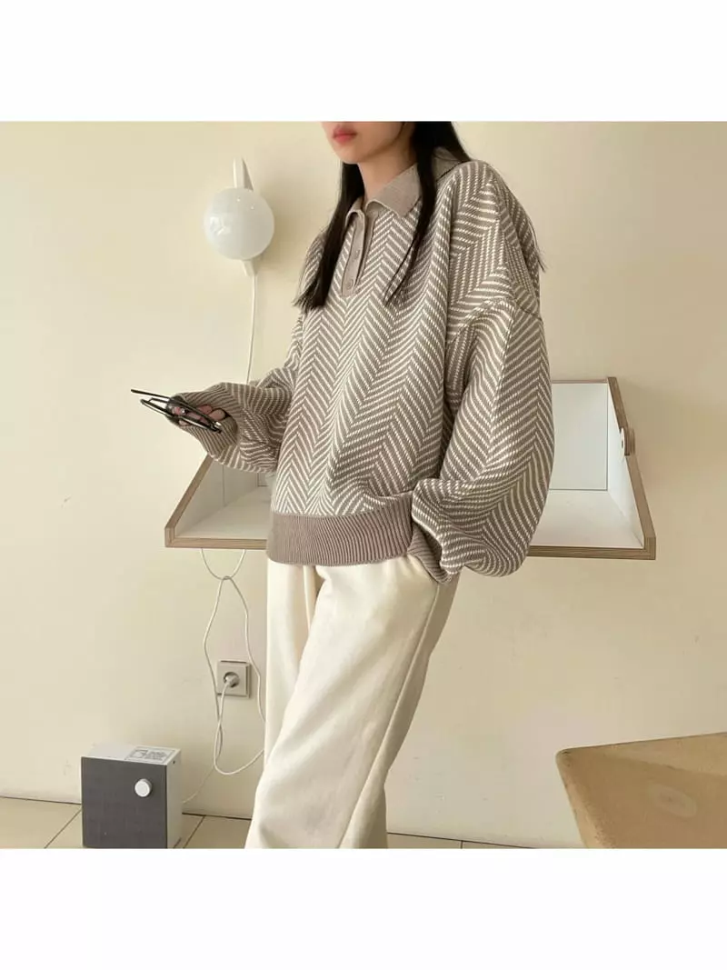 All Vibe - Korean Women Fashion - #momslook - Herringbone Colar Loose Knit Tee - 7