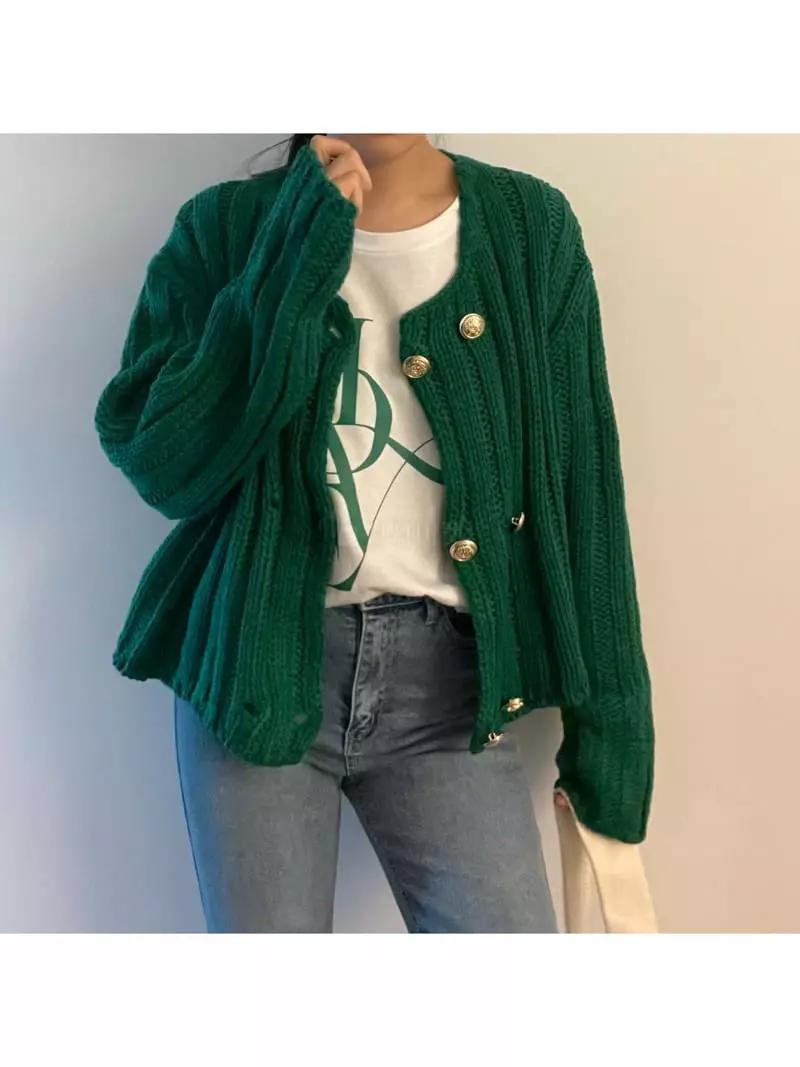 All Vibe - Korean Women Fashion - #momslook - Double Gold Knit Cardigan - 7