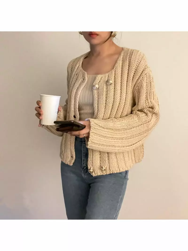 All Vibe - Korean Women Fashion - #pursuepretty - Double Gold Knit Cardigan