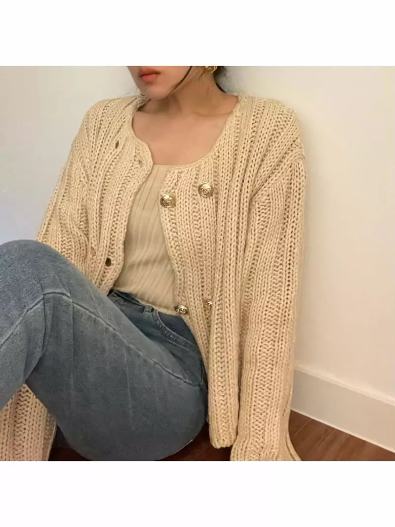 All Vibe - Korean Women Fashion - #restrostyle - Double Gold Knit Cardigan - 2