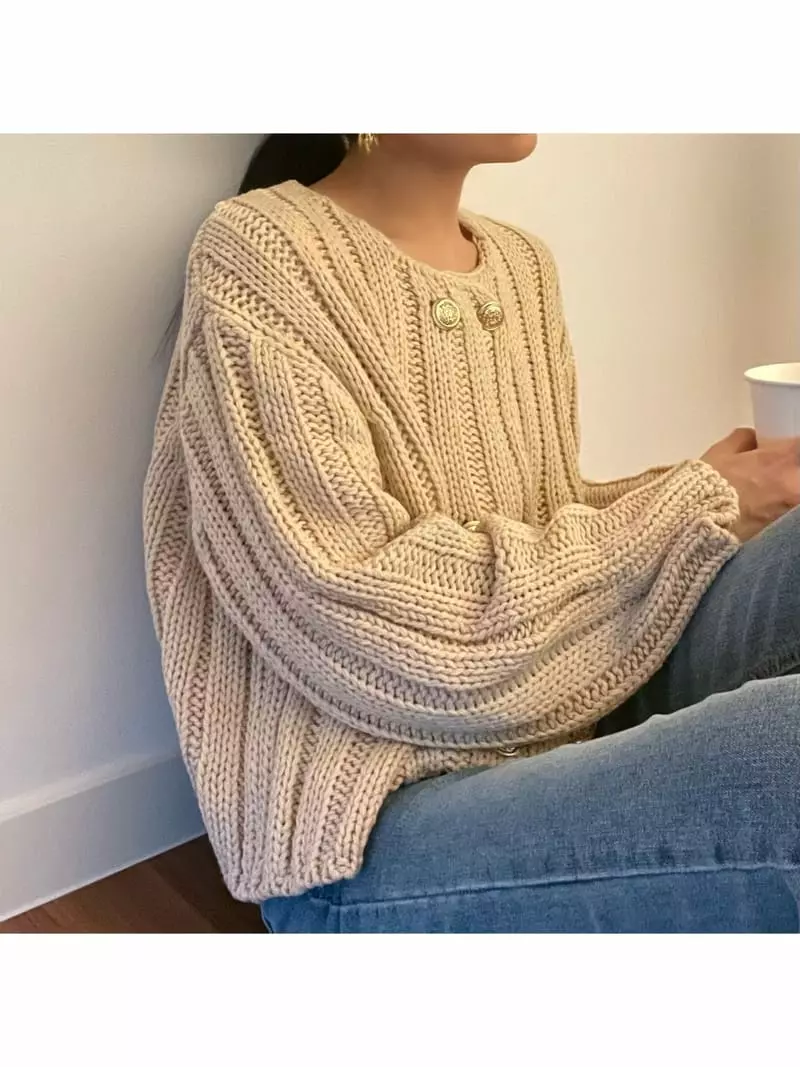 All Vibe - Korean Women Fashion - #romanticstyle - Double Gold Knit Cardigan - 3