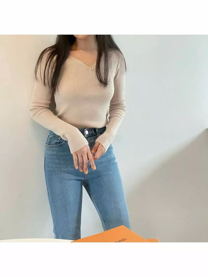 All Vibe - Korean Women Fashion - #shopsmall - Rib V Neck Knit Tee - 7