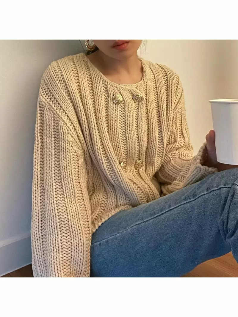 All Vibe - Korean Women Fashion - #romanticstyle - Double Gold Knit Cardigan - 4