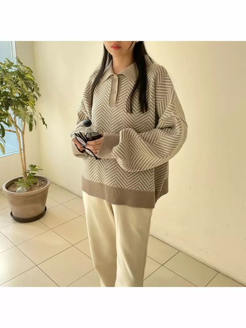 All Vibe - Korean Women Fashion - #thatsdarling - Herringbone Colar Loose Knit Tee