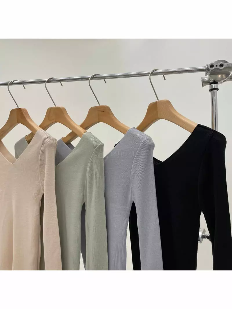 All Vibe - Korean Women Fashion - #vintageinspired - Rib V Neck Knit Tee - 2