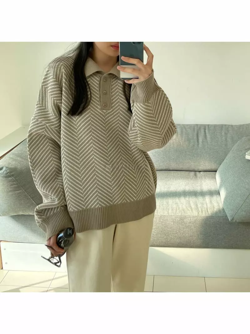 All Vibe - Korean Women Fashion - #momslook - Herringbone Colar Loose Knit Tee - 4