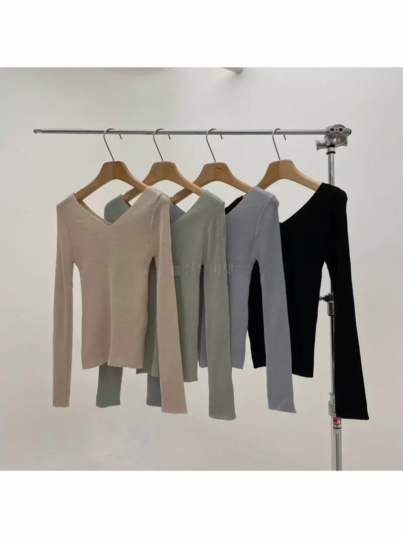 All Vibe - Korean Women Fashion - #womensfashion - Rib V Neck Knit Tee