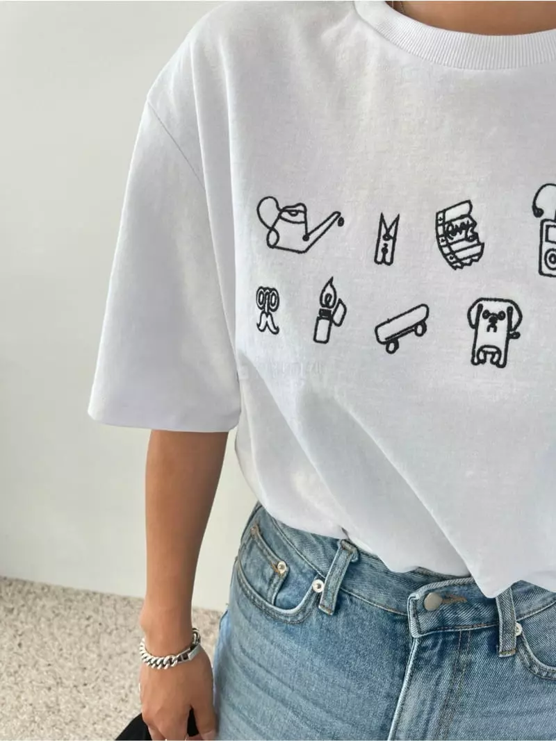 Analog Beige - Korean Women Fashion - #momslook - Embroidery Tee - 7
