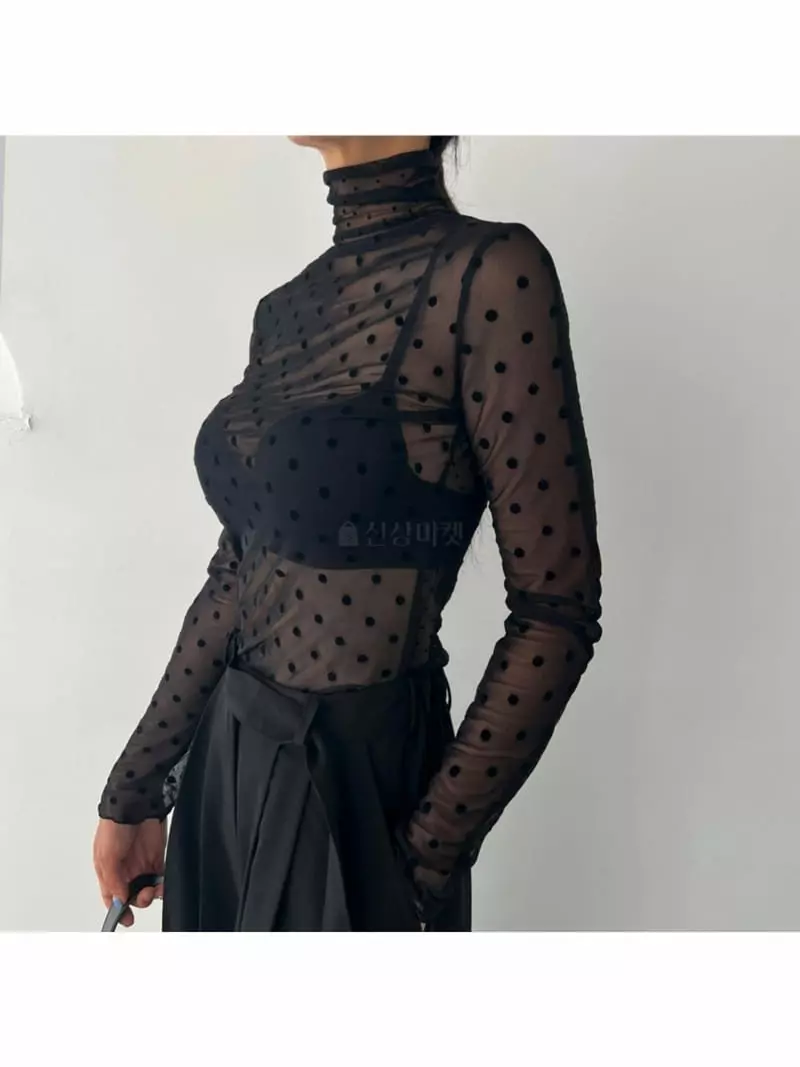 Analog Beige - Korean Women Fashion - #momslook - Dot Mesh Turtleneck Tee