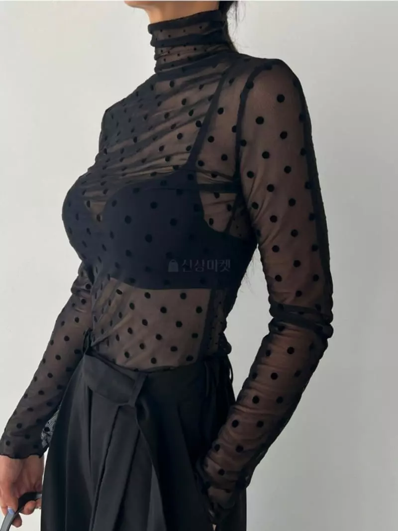 Analog Beige - Korean Women Fashion - #momslook - Dot Mesh Turtleneck Tee - 11