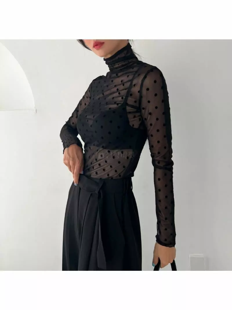 Analog Beige - Korean Women Fashion - #restrostyle - Dot Mesh Turtleneck Tee - 6