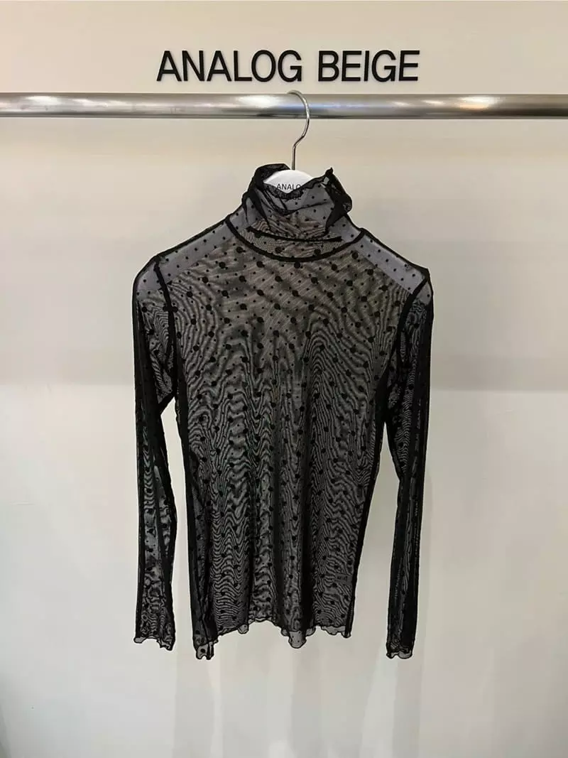 Analog Beige - Korean Women Fashion - #romanticstyle - Dot Mesh Turtleneck Tee - 7