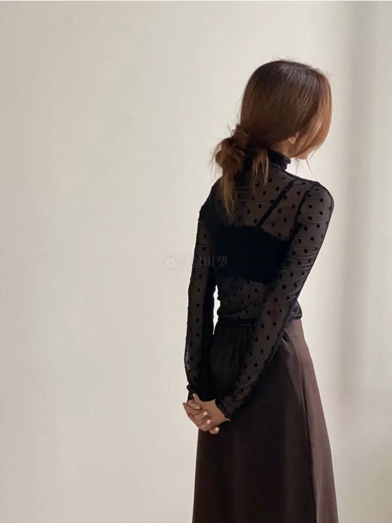 Analog Beige - Korean Women Fashion - #vintageinspired - Dot Mesh Turtleneck Tee - 4