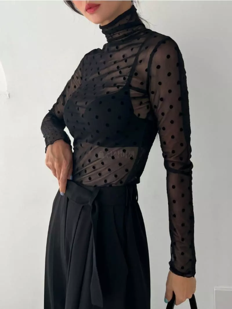 Analog Beige - Korean Women Fashion - #womensfashion - Dot Mesh Turtleneck Tee - 12