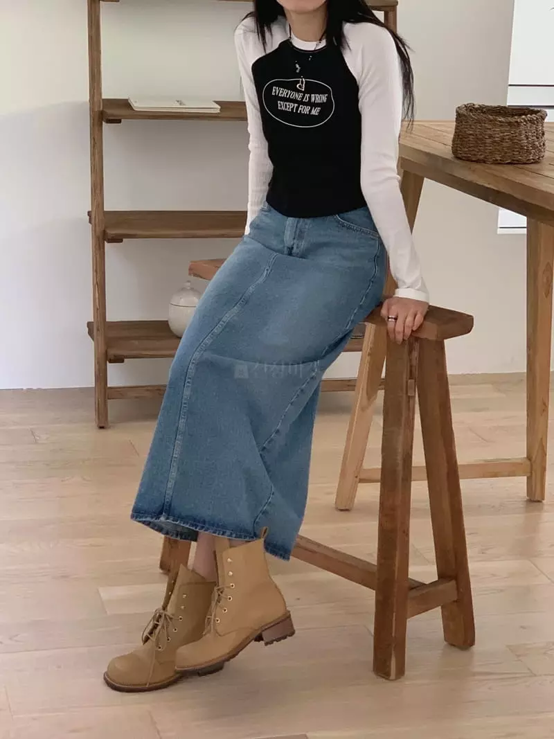 And More - Korean Women Fashion - #momslook - Slit Long Denim Skirt