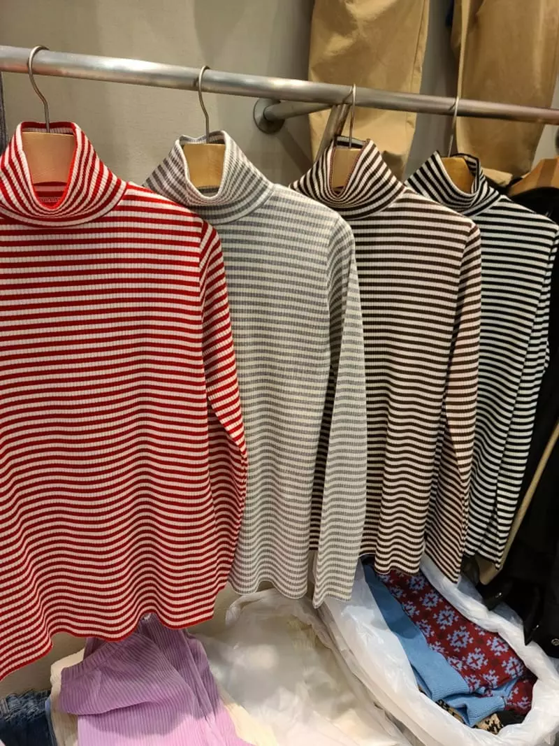 And More - Korean Women Fashion - #momslook - May Stripes Turtleneck Tee - 2