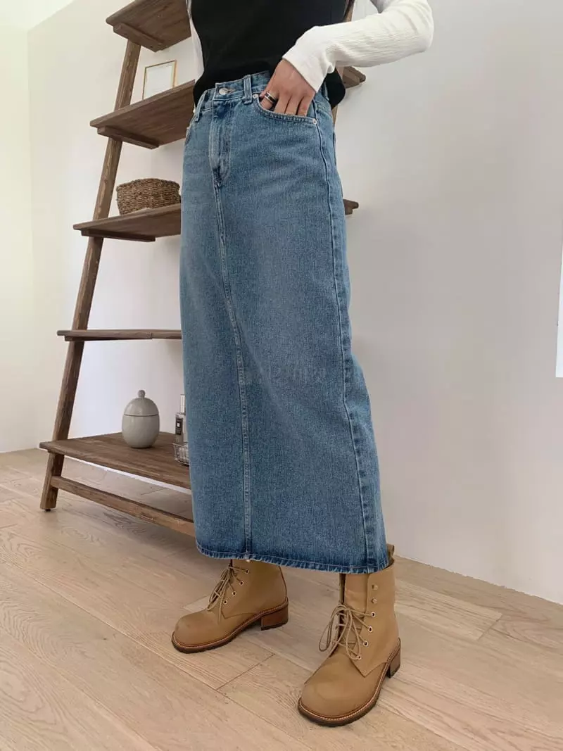 And More - Korean Women Fashion - #womensfashion - Slit Long Denim Skirt - 6