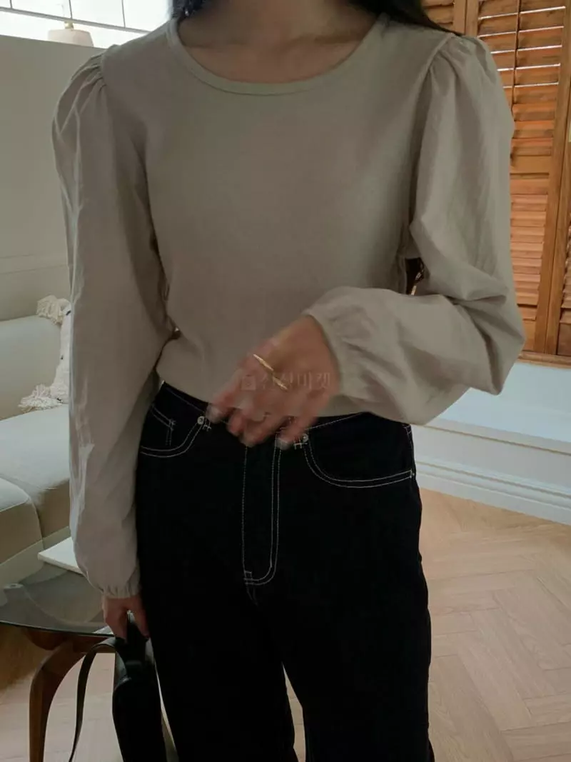 As Thought - Korean Women Fashion - #momslook - Rib Round Puff Tee - 8