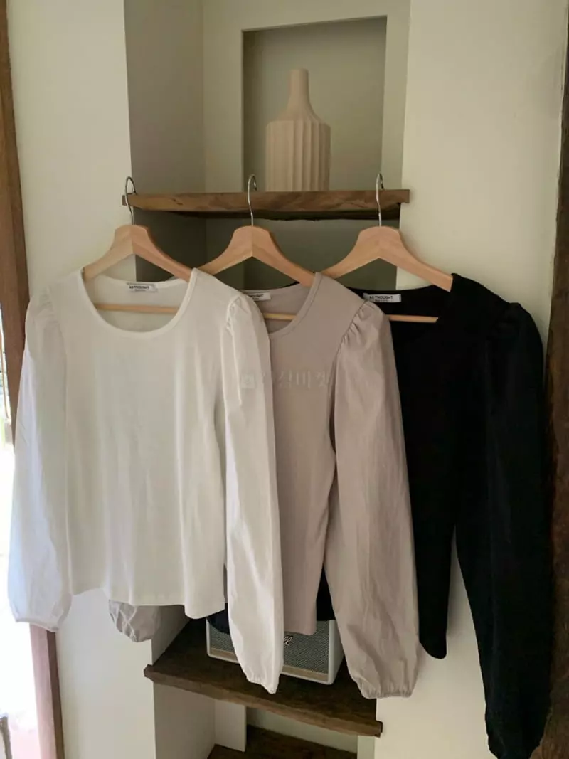 As Thought - Korean Women Fashion - #restrostyle - Rib Round Puff Tee - 3