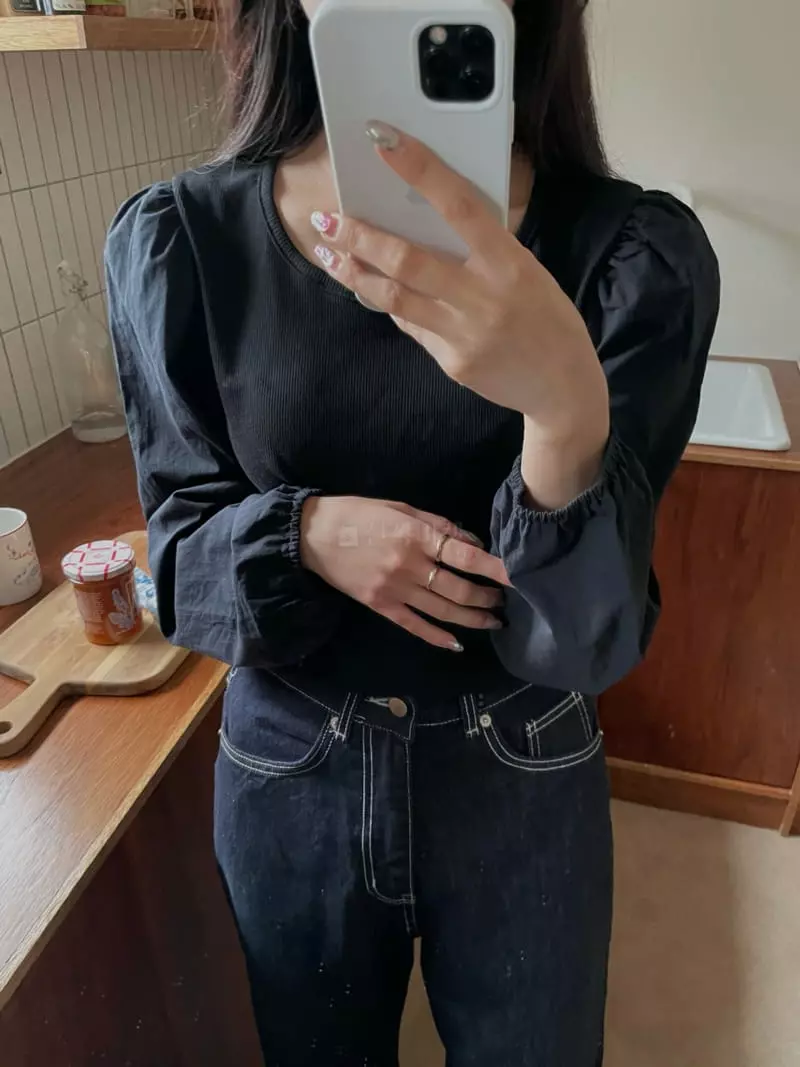 As Thought - Korean Women Fashion - #vintagekidsstyle - Puff Rib Round Tee - 5